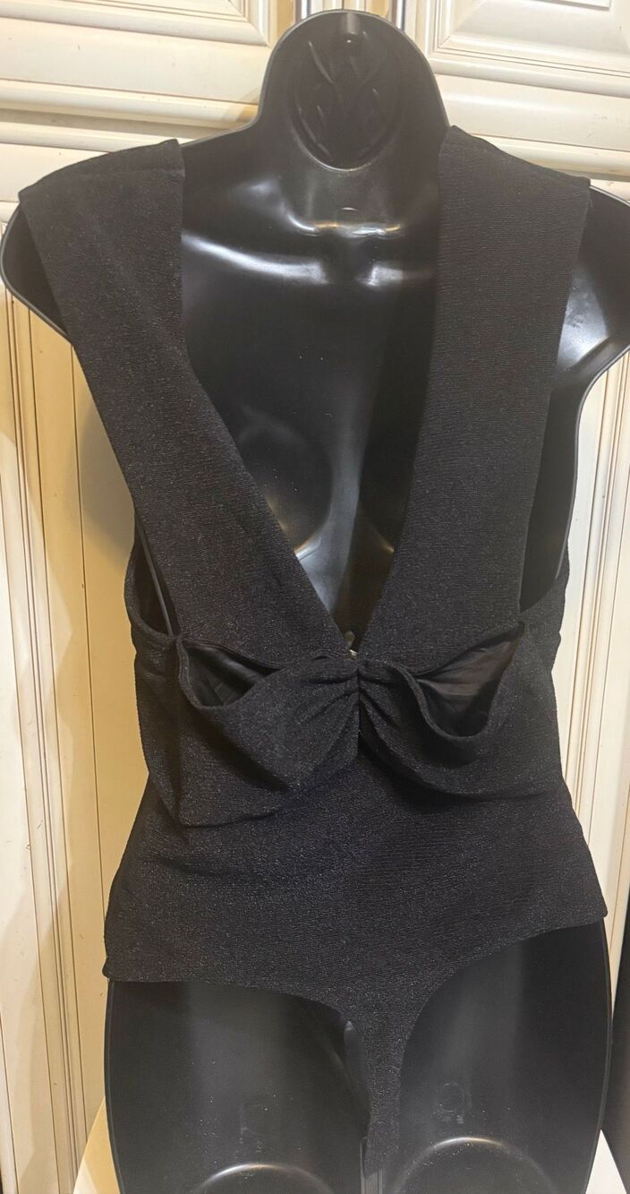 Express Women's Textured Sleeveless Bow V-neck Bodysuit Black Medium